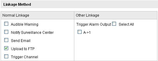 Notify surveillance center, send email, upload to FTP, trigger channel and trigger alarm output are selectable.