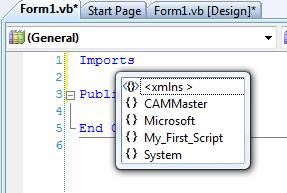 Declaring Variables and Importing the CAMMaster Tool Class continued When you press the spacebar, Visual Studio next suggests