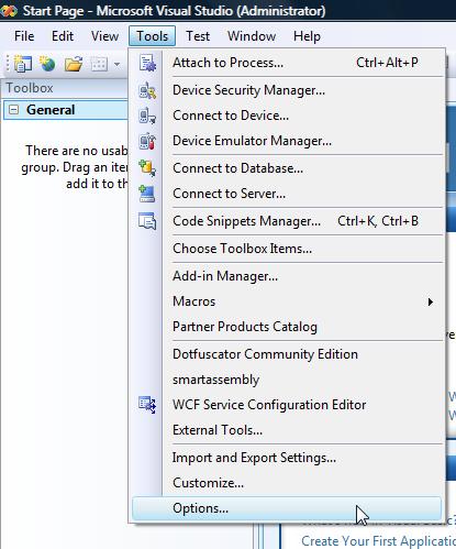 Configuring Visual Studio Start Visual Studio and select Tools >Options as
