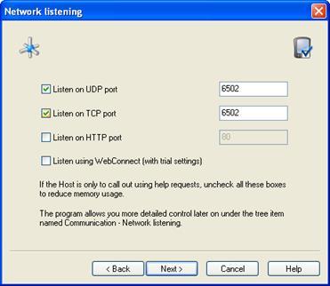 The Network Listening page will be displayed: Configure communication profiles by which to communicate with the Netop Guest: Listen on UDP port: Leave this check box selected to enable a
