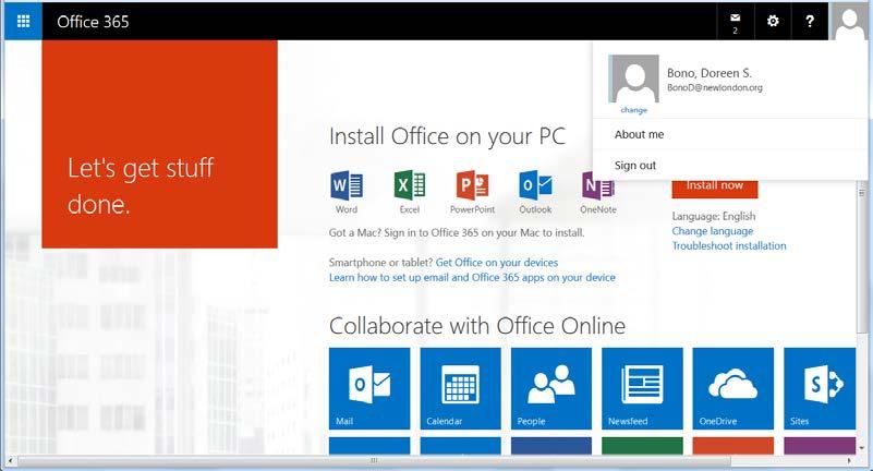 Change your account photo Click the avatar or account image icon in the upper right corner of the Office 365 window and select CHANGE on the drop down menu.