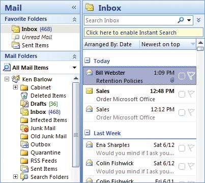 Sent Items: Stores copies of all sent items. Contents of selected folders will appear in the Message List. Right-click an item to display the action menu.