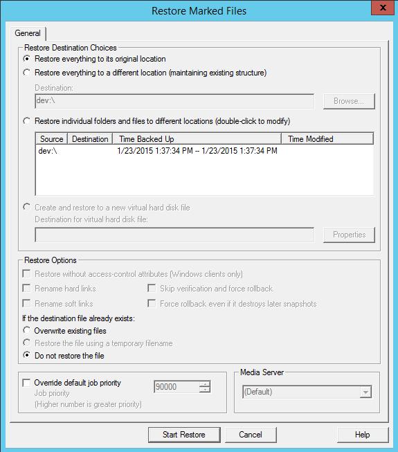 Back up and restore Hyper-V Restore Marked Files dialog for restore of individual files 103 Table 8-1 Option Options for individual file restore on the Restore Marked Files dialog box Description