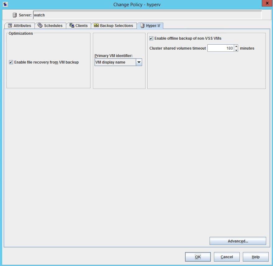 Configure NetBackup policies for Hyper-V Creating a Hyper-V policy from the NetBackup Policies utility 28 5 Use the Schedules tab to define a schedule.