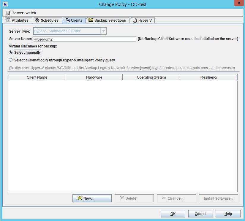 Configure NetBackup policies for Hyper-V Creating a Hyper-V policy from the NetBackup Policies utility 29 To set up the rules that select virtual machines automatically, click the Select