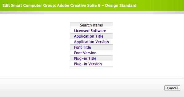 The following instructions explain how to create a smart computer group for computers that have Adobe CS6 Design Standard installed. To create a smart computer group: 1.