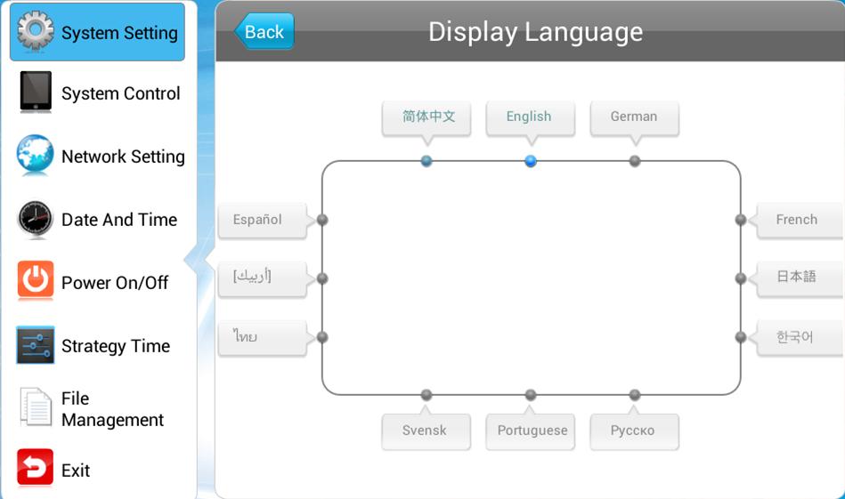 Display Language The On Screen Display supports multiple languages, the default being English.