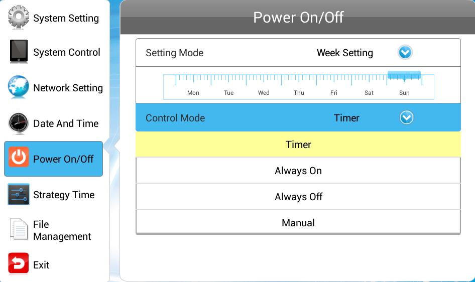 1.7.4 Power On/Off Here is where you can set up your screens on/off timer, should you want it to power on and off automatically at designated times.