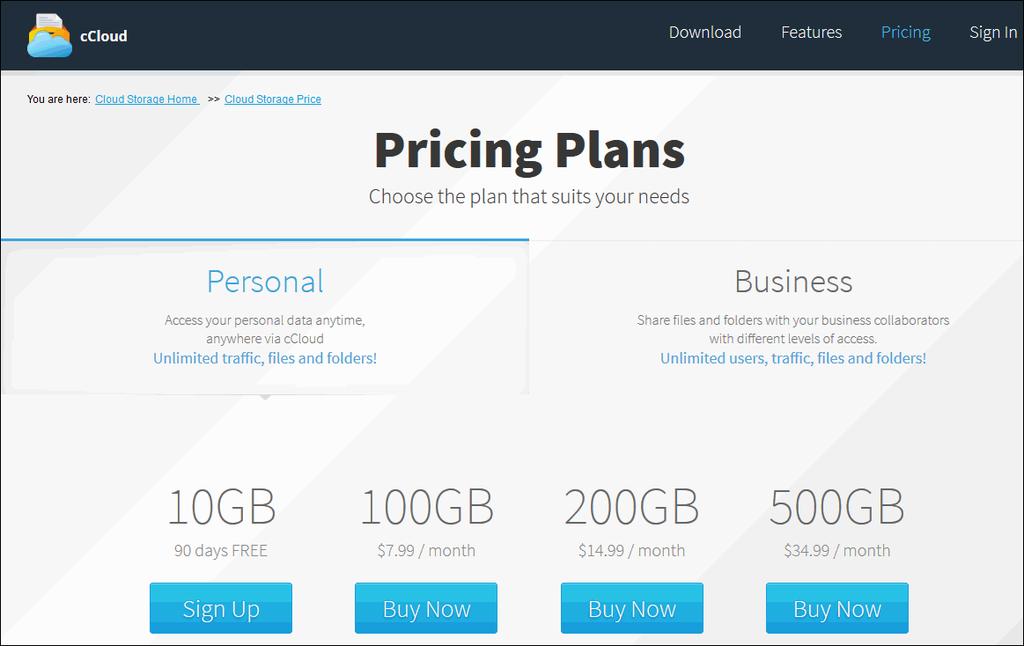 ccloud accounts are available in Personal or Business versions. The 10 GB 'Personal' plan comes with 90 days free.