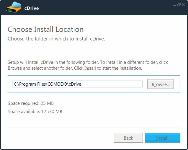 Step 3 - Select Installation Folder The next screen allows you to select the folder in your hard drive for installing the ccloud client. The default path is C:\Program Files\COMODO\cDrive.