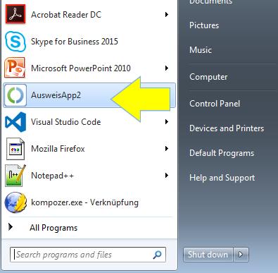 Fig. 9: Start AusweisApp2 using the Windows start menu Once you have started AusweisApp2, its icon is displayed in the Windows system tray as shown in the next figure.