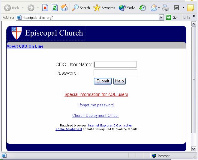 LOGON SCREEN Enter your CDO User Name and your Password in the appropriate box and click (N.B.