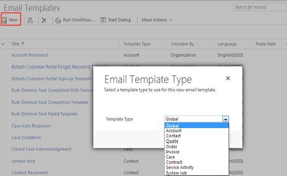 Admin can create signup and forgot password template from CRM. From "templates", user gets option to create "New" template and also select template type.