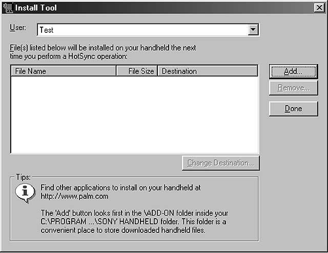 1 Copy or download the application you want to install into the Add-on folder in the Sony CLIÉ Handheld folder on your computer (example : C:\Program Files\Sony Handheld\Add-on).