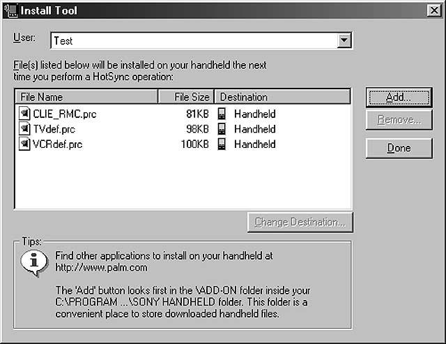 Installing add-on applications on your Sony CLIÉ Handheld or Memory Stick media 4 From the User drop-down list, select a user name to use. 5 Click Add. The Open File dialog box appears.