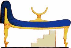 Zarážka na nohy zaisťovala, aby spiaci neskĺzol dole. Obr. 4 Maľba vysokej egyptskej postele. Obr. 5 Posteľ nájdená v hrobke Tutanchmóna (1336-1327 pnl.