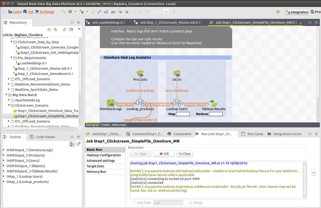 Execute the Clickstream Demo: Additional analysis can be done to calculate the age and gender of users accessing specific links.. Navigate to the Job Designs folder.
