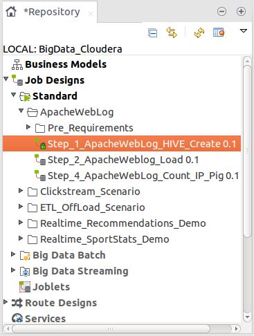 Double click on Step ApacheWebLog_HIVE_Create 0.. This opens the job in the designer window. 4.