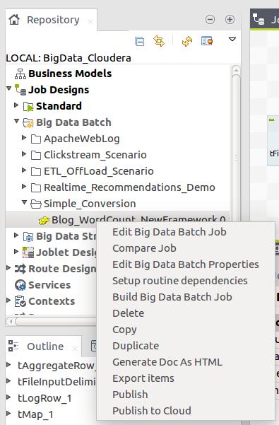 Simple Conversion We can now take this same MapReduce job and convert it to execute on the Spark Framework. Convert to Spark Job:. In the Job Designs folder.