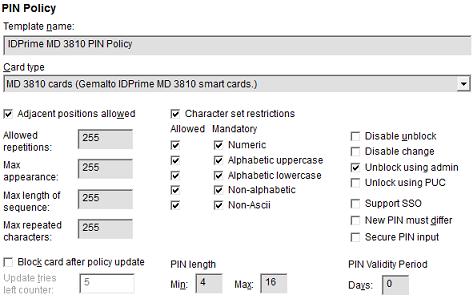 Enable the Character set restrictions check box in order to be able to configure specific character combinations to be used when setting a PIN.
