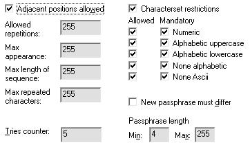 By enabling the Adjacent positions allowed check box a passphrase which has repeated characters adjacent to one another will be allowed.