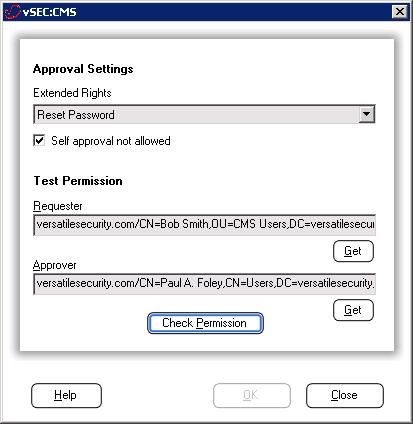From the S-Series it is possible to test the approval configuration. From the Extended Rights retrieved from the AD select the rights configured in earlier step, Reset Password in this example.