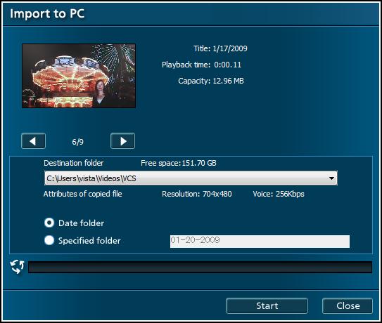 Importing content to a computer ([Import to PC]) Current item/total items Thumbnail of content to import A Previous/next Name, length, and size of content Resolution and audio format Close window