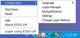 ESSO-LM User s Guide Using the System Tray Icon Menu Options Click the ESSO-LM tray icon in your Windows system tray to display a shortcut menu of program functions, which are described below.