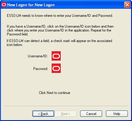 ESSO-LM User s Guide 7. Click on the Username/ID icon, then click in the username or user ID field of the target application s logon dialog box. A green check mark appears over the icon. 8.