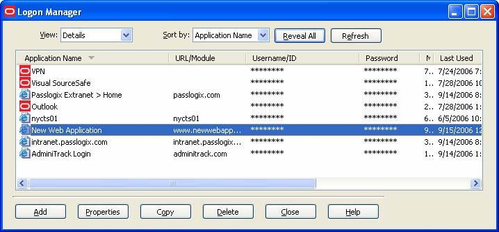 ESSO-LM User s Guide 6. Do one of the following: a. Click Finish. ESSO-LM returns you to the Logon Manager, which now lists the logon you ve just created. OR b.
