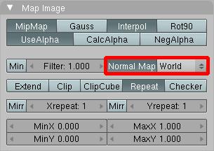 19: Map Image tlačidlo Normal Map, aby Blender vedel, že sa jedná o normálovú mapu a v roletovom menu vedľa zvolíme, v akých súradniciach Obrázok 15.18: Normálová mapa sa normály počítajú.