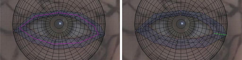Najprv treba myšou zvoliť hranu, cez ktorú bude kruhový rez prechádzať. Blender vám fialovou čiarou ukáže, cez ktoré ďalšie hrany rez povedie. Ako to vyzerá, môžete vidieť na obrázku č. 4.13 vľavo.