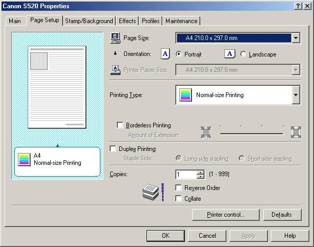 Printer Driver Functions (Windows) Page Setup Tab (1) (2) (9) (3) (4) (5) (6) (7) (8) (1) Page Size Ensure the correct paper size is selected.