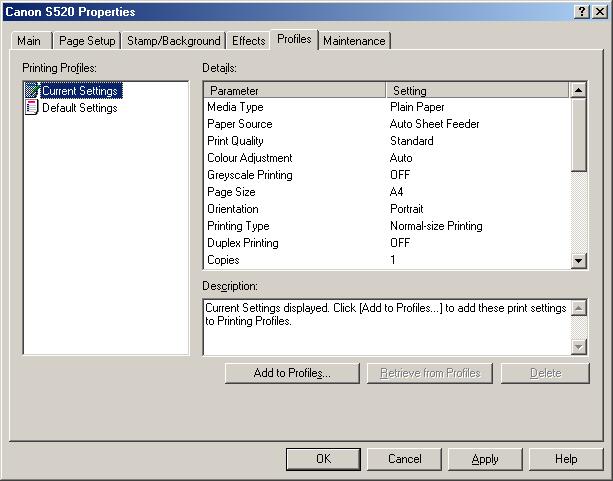 Printer Driver Functions (Windows) Profiles Tab (1) (2) (3) (4) (6) (5) (1) Printing Profiles This list displays the printing settings currently registered in the Profiles tab.