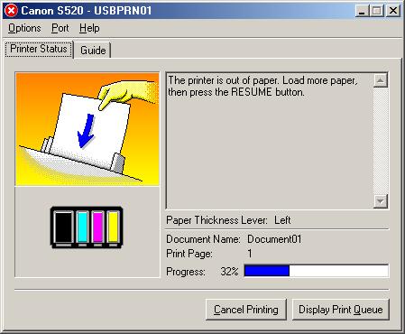 Printer Driver Functions (Windows) When errors occur or ink runs low The BJ Status Monitor is automatically displayed when an error occurs,