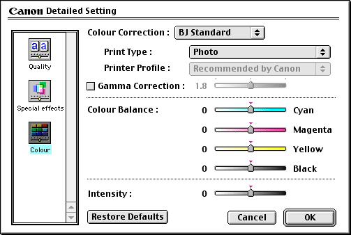 Printer Driver Functions (Macintosh) Colour Panel To display the Colour panel, click the Colour display icon.