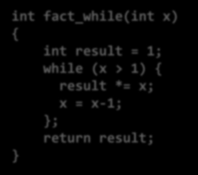 While Loop (2) C Code int fact_while(int x) { int result = 1; while (x > 1) { result *= x; x =