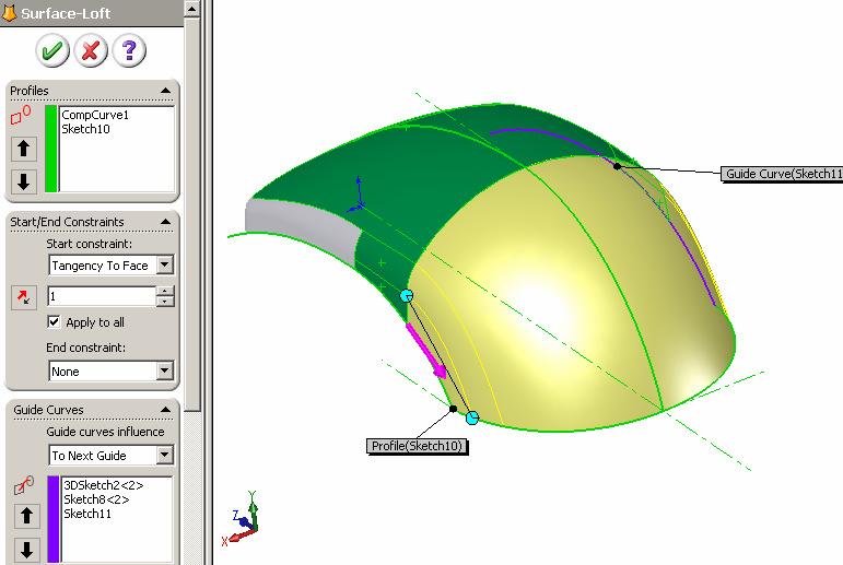 Tutorial 2A To create a Loft surface:- Select Insert / Surface / Loft on the menu Select CompCurve1 & Sketch10 as Profile (Ref P.