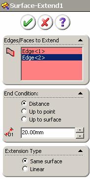 Surface-Offset1 by 10mm:- Select Insert / Surface/ Extend on the menu bar Click