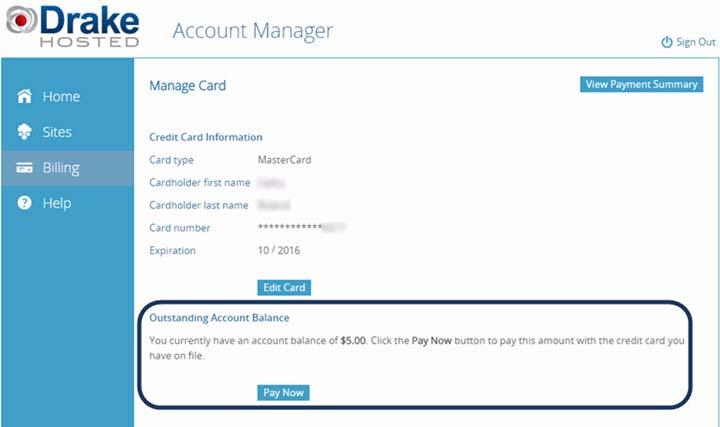 Drake Hosted User Guide AMP Billing Tab Change Password The Account Manager can change his or her login password to AMP. To change the password: AMP Billing Tab 1. Go to Home > Account Settings 2.