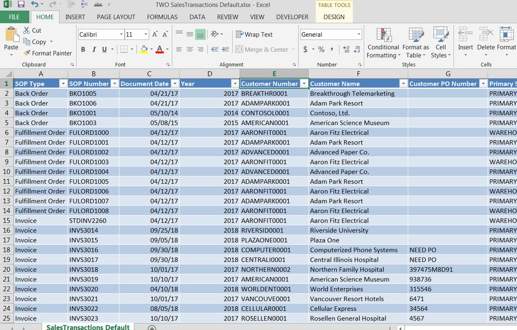 To create Sales by Customer Excel Report Open Sales Transactions Default from GP Screen: Sales Excel Reports (from Navigation List). Find SalesTransactions Default. Double click to open.