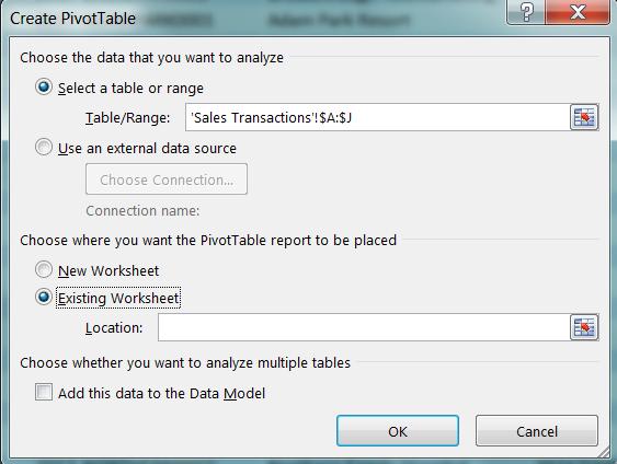 Insert this onto Dashboard tab First, go to Dashboard tab and insert two columns for A and B Click Pivot Table (NOT Pivot Chart) from the ribbon. Click Existing Spreadsheet radio button.