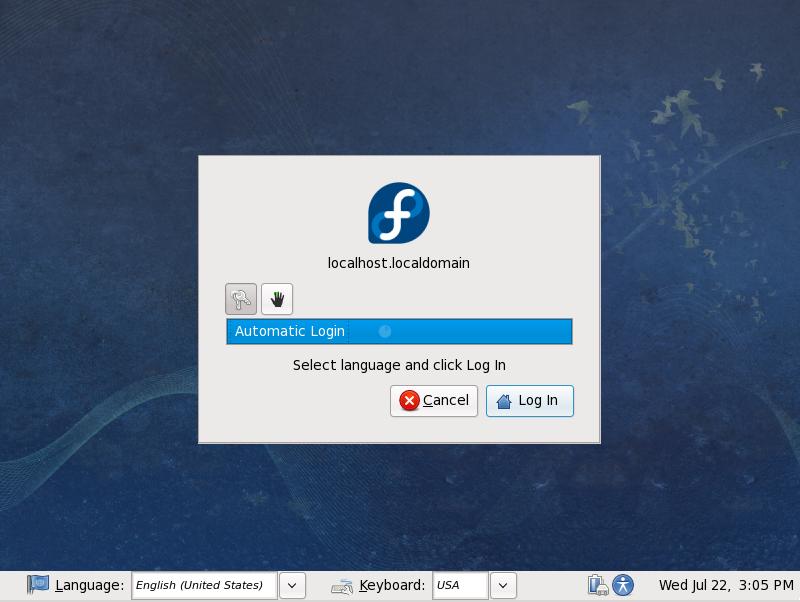 Figure 2. The Fedora live system login screen 1. Click on the menus in the gray bar at the bottom of the screen to select your language and keyboard layout. 2. Click the Log In button.