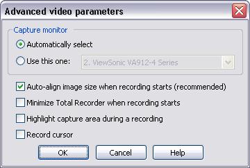 116 TotalRecorder On-line Help Capture monitor This setting identifies the monitor from which video (window or region) will be captured. Automatically select.