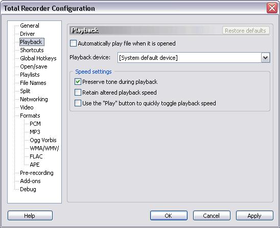 40 TotalRecorder On-line Help If an application produces sound (other than garbled sound) that should never be recorded with Total Recorder, use the "Driver exclusions" dialog.