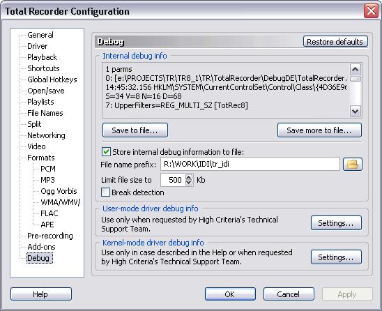 66 TotalRecorder On-line Help 3.2.21 Debug Settings The dialog looks like this: Restore defaults Use this button to restore the default settings for this dialog.
