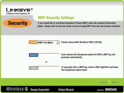 6. If security is disabled, then proceed to step 7. If security is enabled, the appropriate Security Settings screen will appear. Enter the WEP or WPA settings.