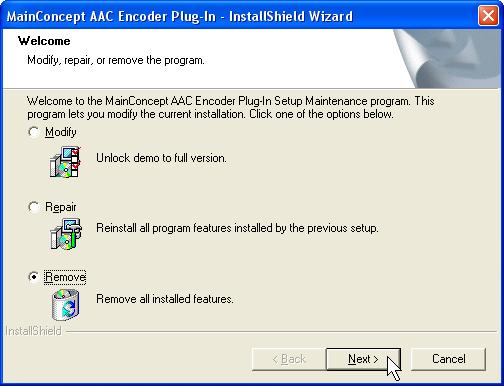 Then follow the on-screen prompts. You will need to confirm that you want to remove MainConcept AAC Encoder Plug-In for Adobe Flash Media Live Encoder.