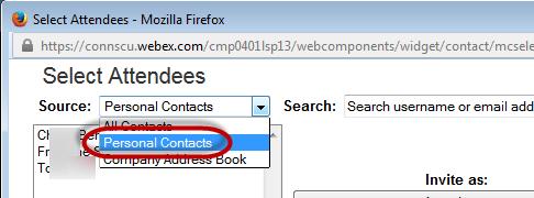 Add an Alternate Host to a meeting scheduled on the ConnSCU WebEx Website 1. When scheduling a meeting, click Use Address Book. 2. Select Personal Contacts from the Source dropdown.