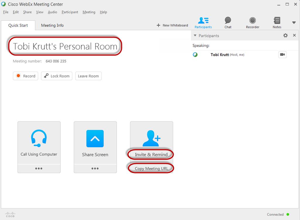 Click the Invite & Remind icon if you wish to invite someone once you are already in the meeting room.